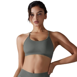 Seamless ribbed yoga set with sports bra and high-waisted leggings in stone gray