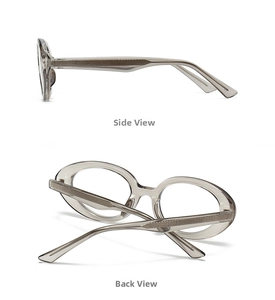 Detail view showing transparent grey oval sunglasses frames and internal metal core wires