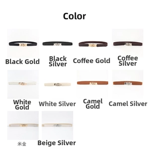 Detailed grid of slim elastic waist belts in various colors with metallic buckle accents