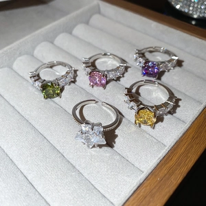 Macro shot of a 5-piece adjustable silver ring set featuring colorful star zircon stones