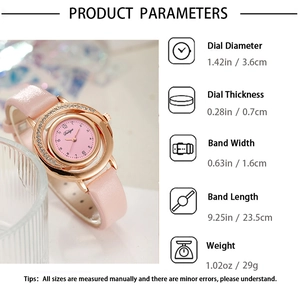 Detailed product parameters of pink leather strap watch with rose gold rhinestone dial