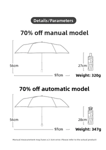 Size specifications chart for manual and automatic cute cat folding umbrellas