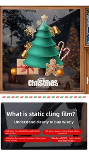Detail of PVC static Christmas window stickers showing tree, gingerbread man and gift box