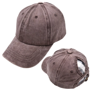 Detail of washed cotton ponytail baseball cap with adjustable metal buckle back