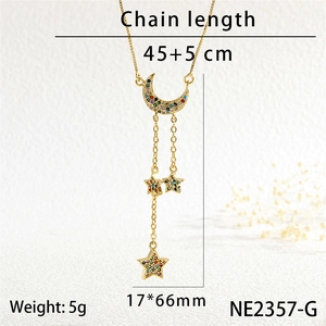 Detailed view of gold moon and star pendant with colorful cubic zirconia and dimensions