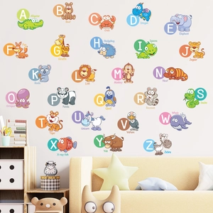 Detailed wall sticker layout featuring 26 animal alphabet letters in a bright kids' room