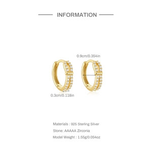 Detailed specs of 925 silver gold huggie hoops with AAAAA zirconia and size measurements