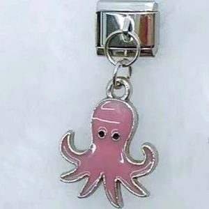 Pink enamel octopus charm on stainless steel modular bracelet link for DIY jewelry
