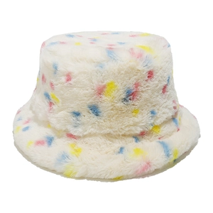 Detail of colorful polka dots on fluffy faux rabbit fur winter bucket hat texture