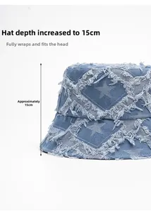 Detail view of denim bucket hat showing 15cm deep crown for full head coverage