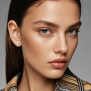 Macro shot of silver moon earring with zircon stone on model's ear in high quality