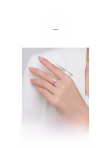 Macro detail of S925 silver opal flower ring with white diamonds on female finger