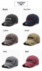 Detailed grid view of distressed baseball caps in six colors with Boston 3D embroidery