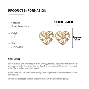 Detailed technical drawing of golden heart windmill earrings with size specs and rhinestones