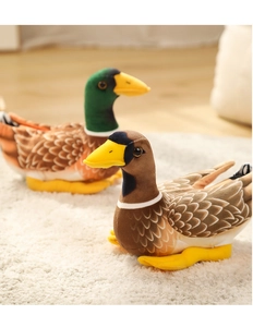 Close-up of lifelike plush ducks with detailed feather prints on a soft white carpet