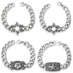 Cuban Link Chain Bracelet Stainless Steel Star Of David Pentagram Pendant Punk Gothic Hip Hop Jewelry For Men Women