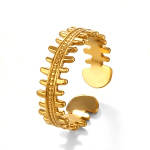 Minimalist 18K gold plated stainless steel adjustable open ring with fishbone pattern