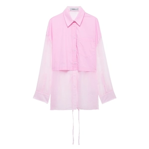Camicia rosa a maniche lunghe con lacci in vita e dettagli in organza velata
