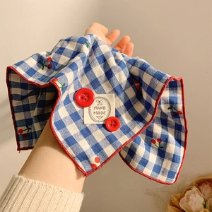 Blue plaid scrunchie hair tie with cherry embroidery and button detail for women