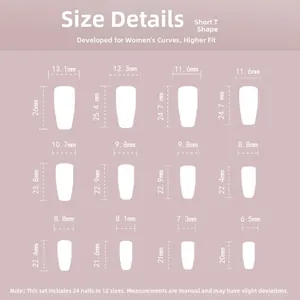 Size chart showing 12 different dimensions for short T-shaped French press-on nails