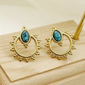 Elegant gold titanium steel earrings with turquoise stones on a wooden display
