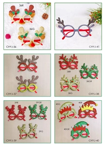 Grid display of Christmas party eyewear frames with glitter reindeer antlers and elf hats