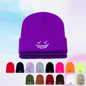 Ghost Face Smile Embroidery Beanie Acrylic Knitted Hat Warm Cuffed Streetwear Hip Hop Winter Cap For Men Women