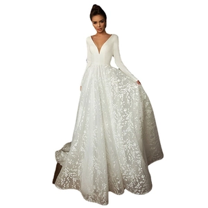Elegant white long sleeve V-neck wedding dress with floral lace skirt and long train