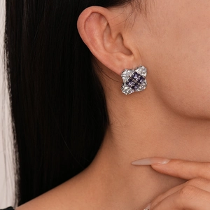 Elegant geometric square stud earrings with purple crystals and sparkling zircons for women