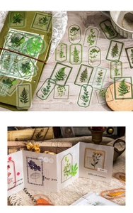 Macro detail of retro botanical PET stickers featuring vintage fern and floral designs