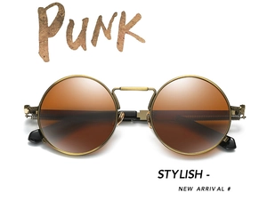 Detail of steampunk round sunglasses with bronze metal frame and spring hinge mechanism