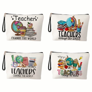 Four linen teacher cosmetic bags with colorful digital prints and zipper closures