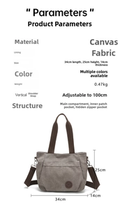 Detailed size specifications and structure of grey canvas tote with adjustable strap