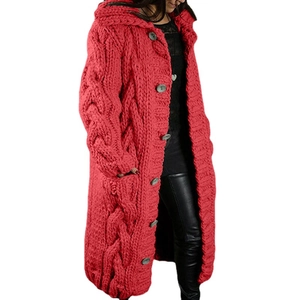 Red long oversized hooded chunky knit cardigan with big buttons for women