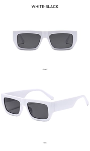 Detail of white square frame sunglasses with dark lenses from front and side view