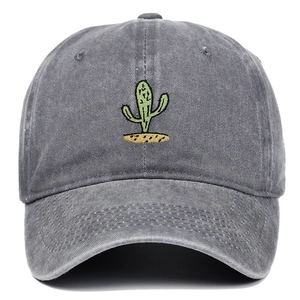 Vintage dark grey washed cotton baseball cap featuring green cactus embroidery and a curved brim