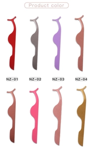 Macro display of assorted eyelash applicator tweezers in vibrant macaron metal finishes