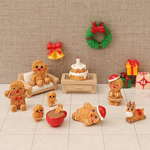 Miniature Christmas resin figurine set with gingerbread man reindeer and wreath