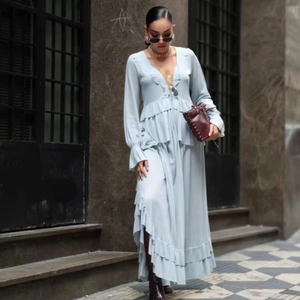 Women Ruffle Top And High Waist Skirt Sky Blue V Neck Long Sleeve Layered Tiered Streetwear Elegant Boho Outfits