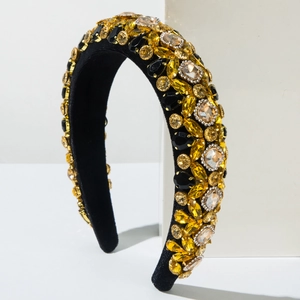 Serre-tête baroque de luxe avec cristaux noirs et ambrés sur base de velours rembourrée