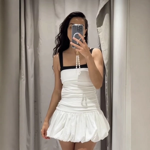 Women Square Neck Sleeveless Mini Dress Contrast Color Ruched Bubble Hem High Waist Elegant Sweet Chic Polyester
