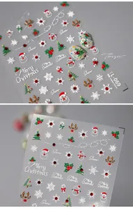 Close-up of 3D embossed Christmas nail stickers with Santa, snowman, and reindeer patterns