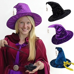 Halloween Witch Hat Star Pattern Velvet Pointed Wizard Hat With Gold Ribbon Bow And Star Pendants Cosplay Party Props
