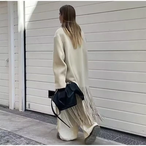 Cappotto Lungo Donna Effetto Lana Decorazione Frange Nappine Risvolto Ampio Stile Britannico Avorio Elegante