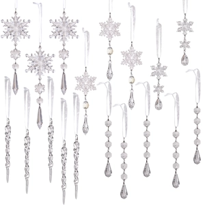 18-piece clear acrylic Christmas ornament set with snowflake and icicle designs