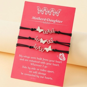 Bracelet Carte Mère Fille en Acier Inoxydable Papillon Tissé à la Main Cordon Ciré Ajustable Bijoux Cadeau Pour Femme