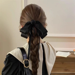French Vintage Black Satin Bow Hair Clip With Rose Decoration Long Streamers Elegant Hair Accessory For Women