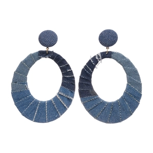 Chic hollow oval denim fabric hoop earrings with vintage patchwork textile texture