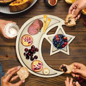 Wooden moon and star serving tray set for festive table decor and snacks