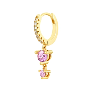 Detail of gold hoop earrings with tiered round pink zircon crystals and pave diamonds